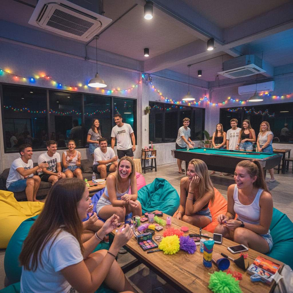 Group of people socializing in a room with colorful lights and a pool table.