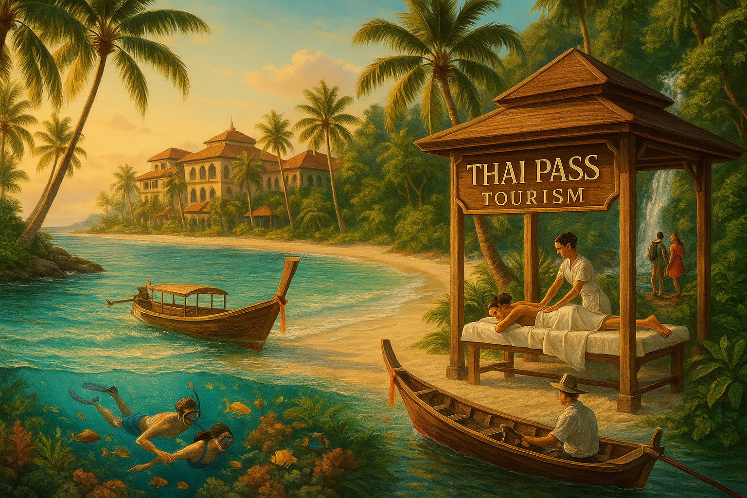 generate image of  that describes tourism and activities to be done it should be tropical elegant and mention the brand name : Thai Pass Tourism