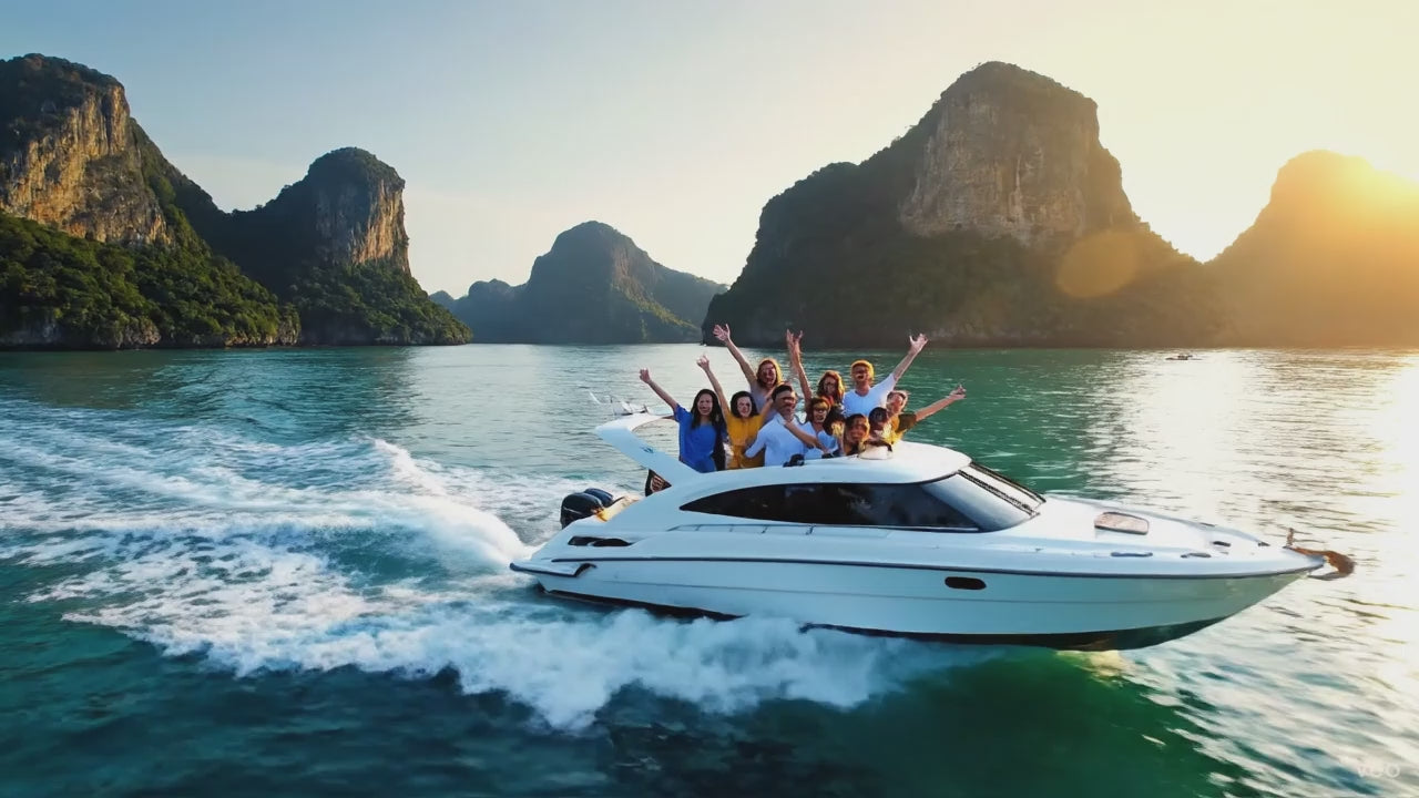 Load video: &quot;A high-energy promotional video for Thai Pass Tourism showcasing epic adventures in Thailand, including a speedboat tour in Krabi, the legendary Full Moon Party with fire dancers, a vibrant tuk-tuk ride, feeding elephants, and a group of friends enjoying a beautiful sunset on the beach.&quot;